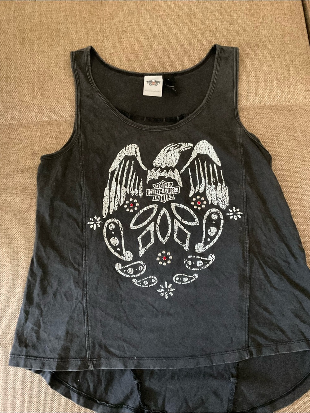 Harley-Davidson Black Tank with White Eagle Graphic and Red Studs